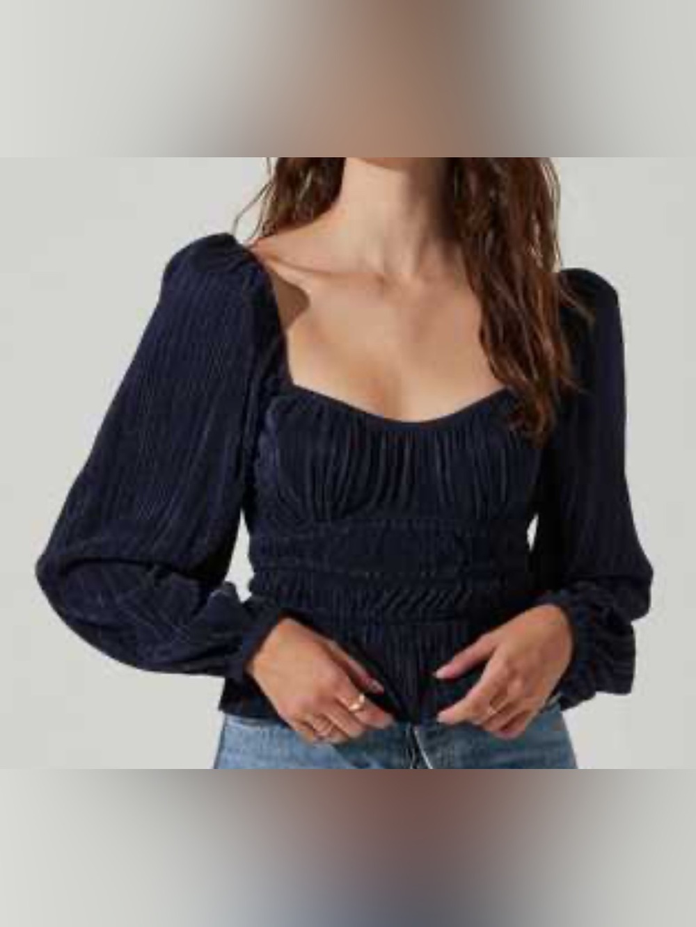 ASTR the Label Women's Navy Smocked Long-Sleeve Square Neck Top